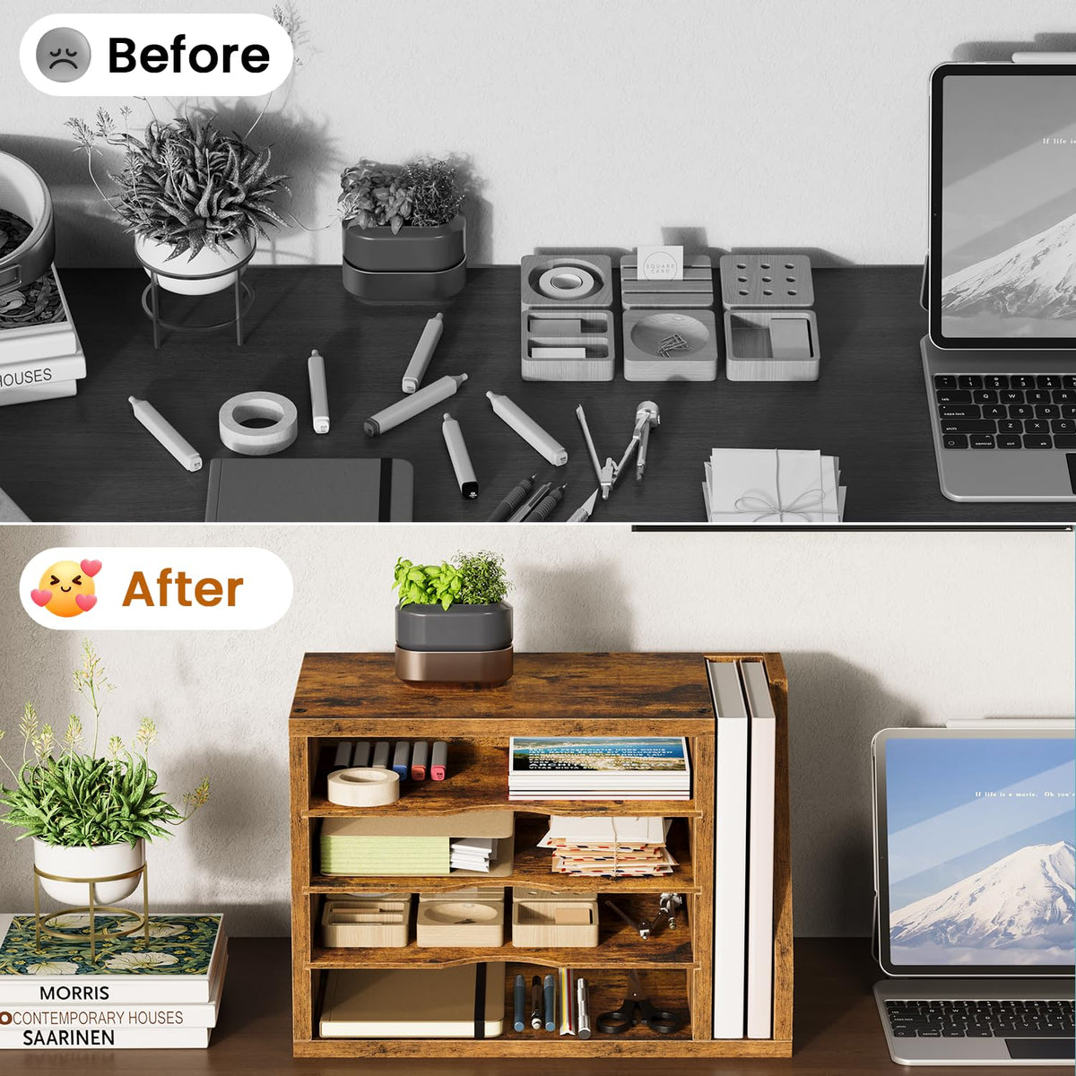Wooden Desk Mail Organizer with 3 Adjustable Shelves, Rustic Brown