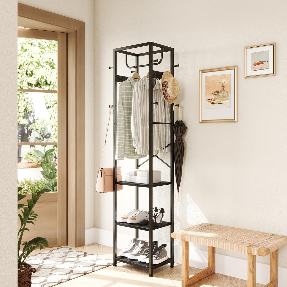 Black Metal Hall Tree, 70.9 Inch, Shelves, Rod and 12 Coat Hooks