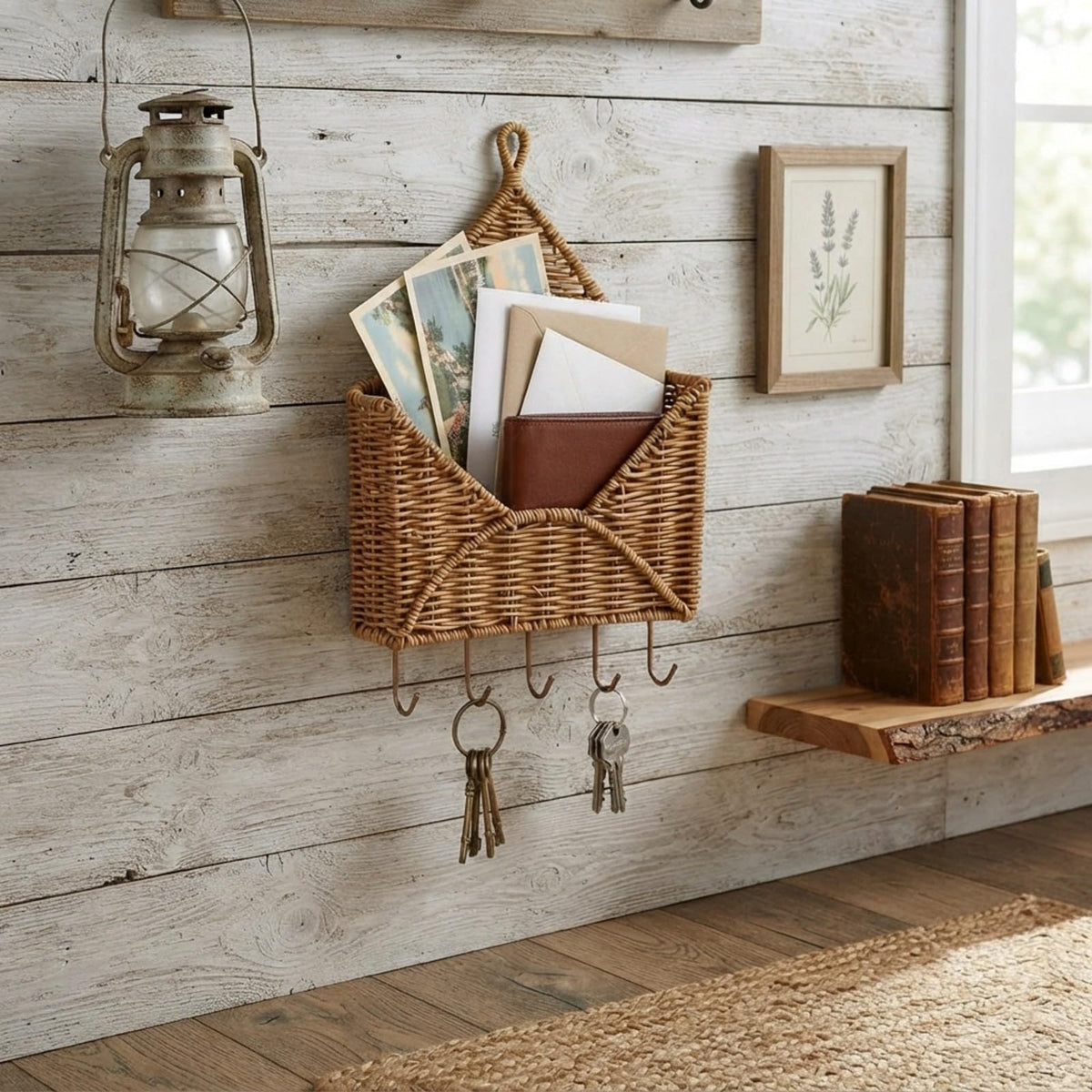 Rattan Wall Key Holder with 5 Hooks and Mail Slot, Natural