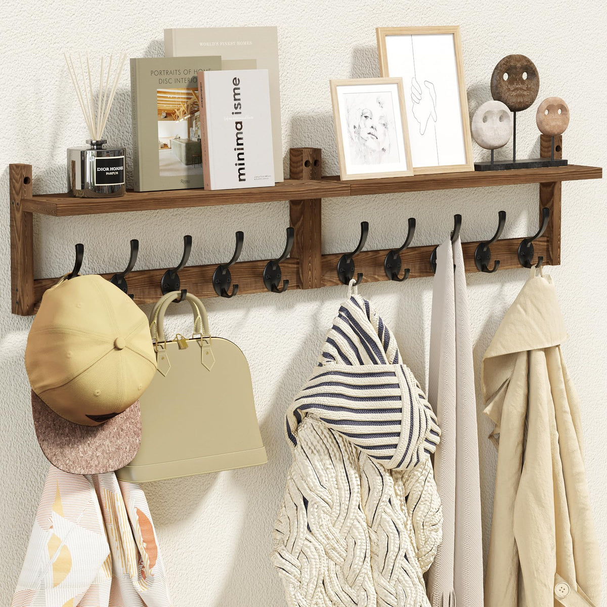 Long Wall Hook Rack with Shelf, 34.2 Inch, 10 Hooks, Brown Wood