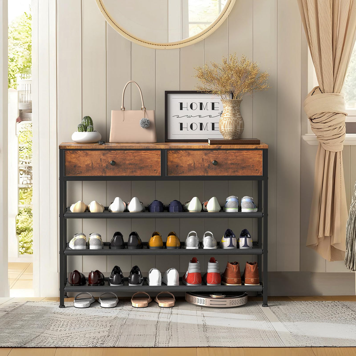 4 Tier Shoe Rack with 2 Drawers and Wood Top, 12 to 15 Pairs, Brown