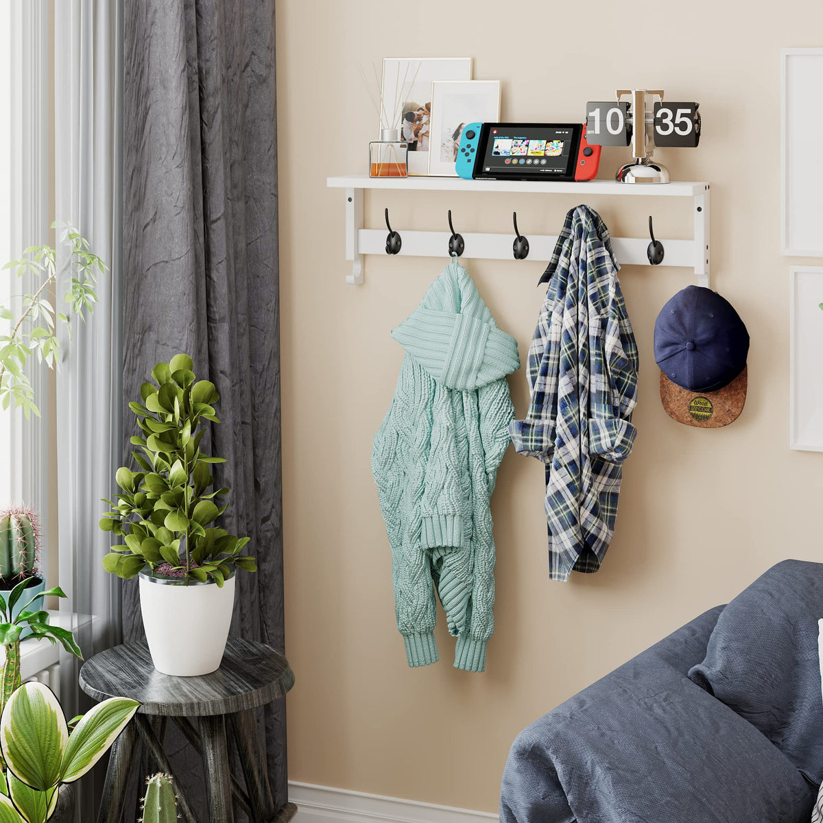 White Wall Coat Hooks with Shelf, 28.9 Inch, 5 Hooks