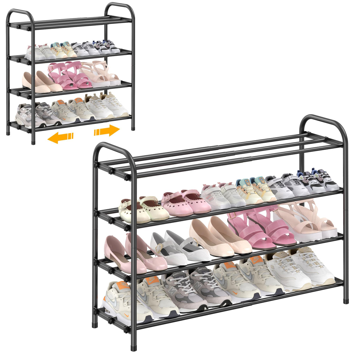 Black Expandable Shoe Rack, 4 Tier Metal, Extends 16.9 to 30.7 Inch