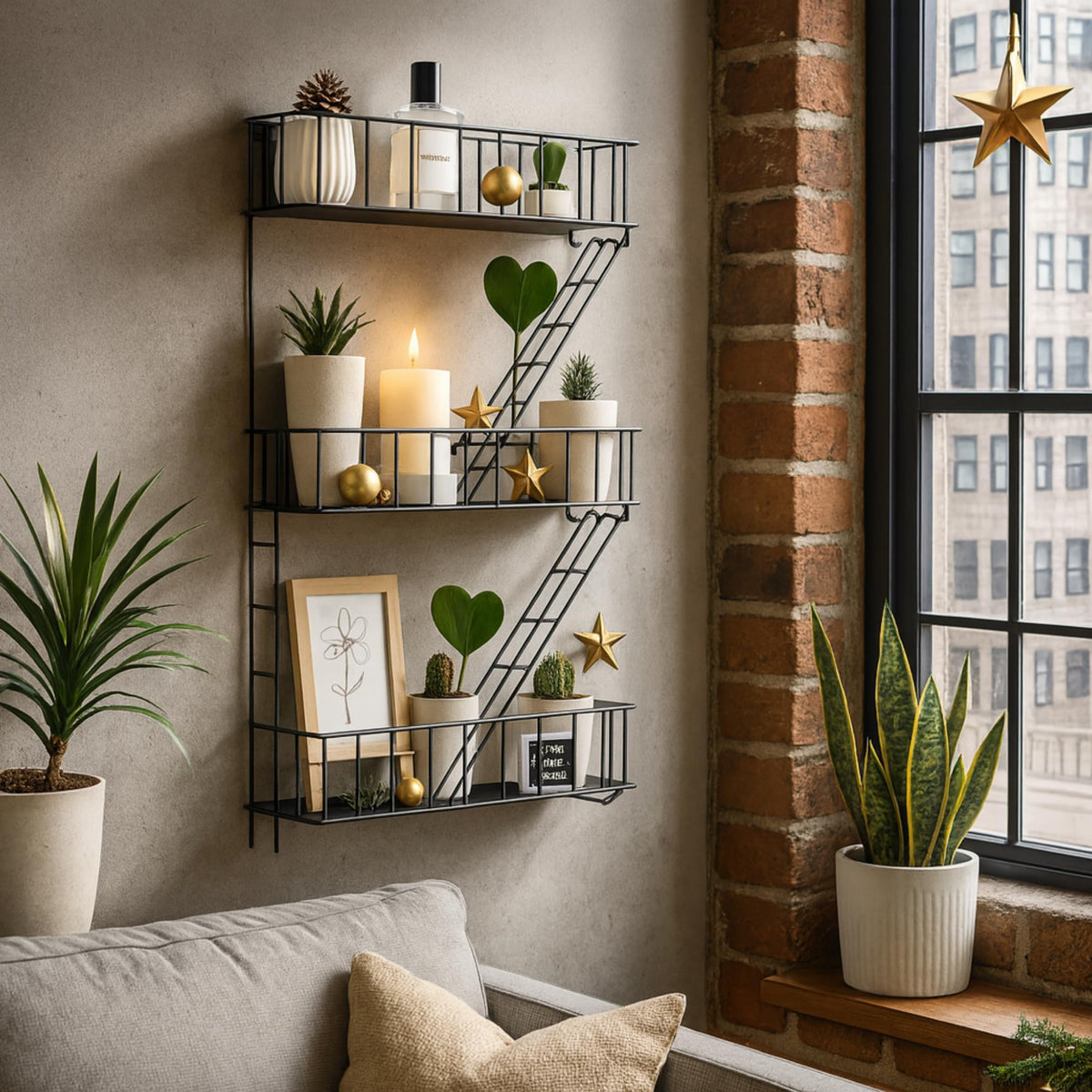 3 Tier Black Metal Wall Shelf, Fire Escape Ladder Style, 26 Inch