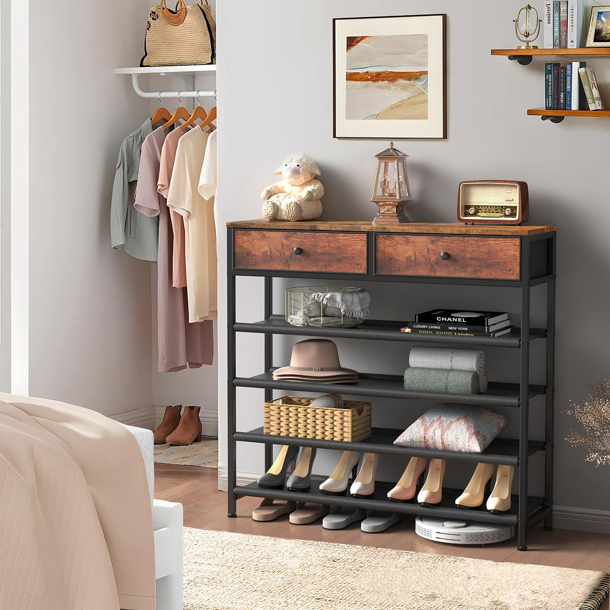 5 Tier Shoe Organizer with Drawers, Wood Top, 16 to 20 Pairs