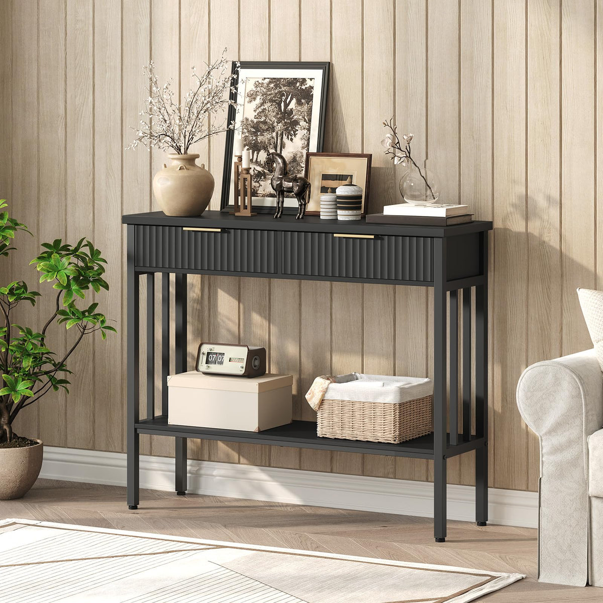 Fluted Console Table with 2 Drawers, 39.4 Inch, Black