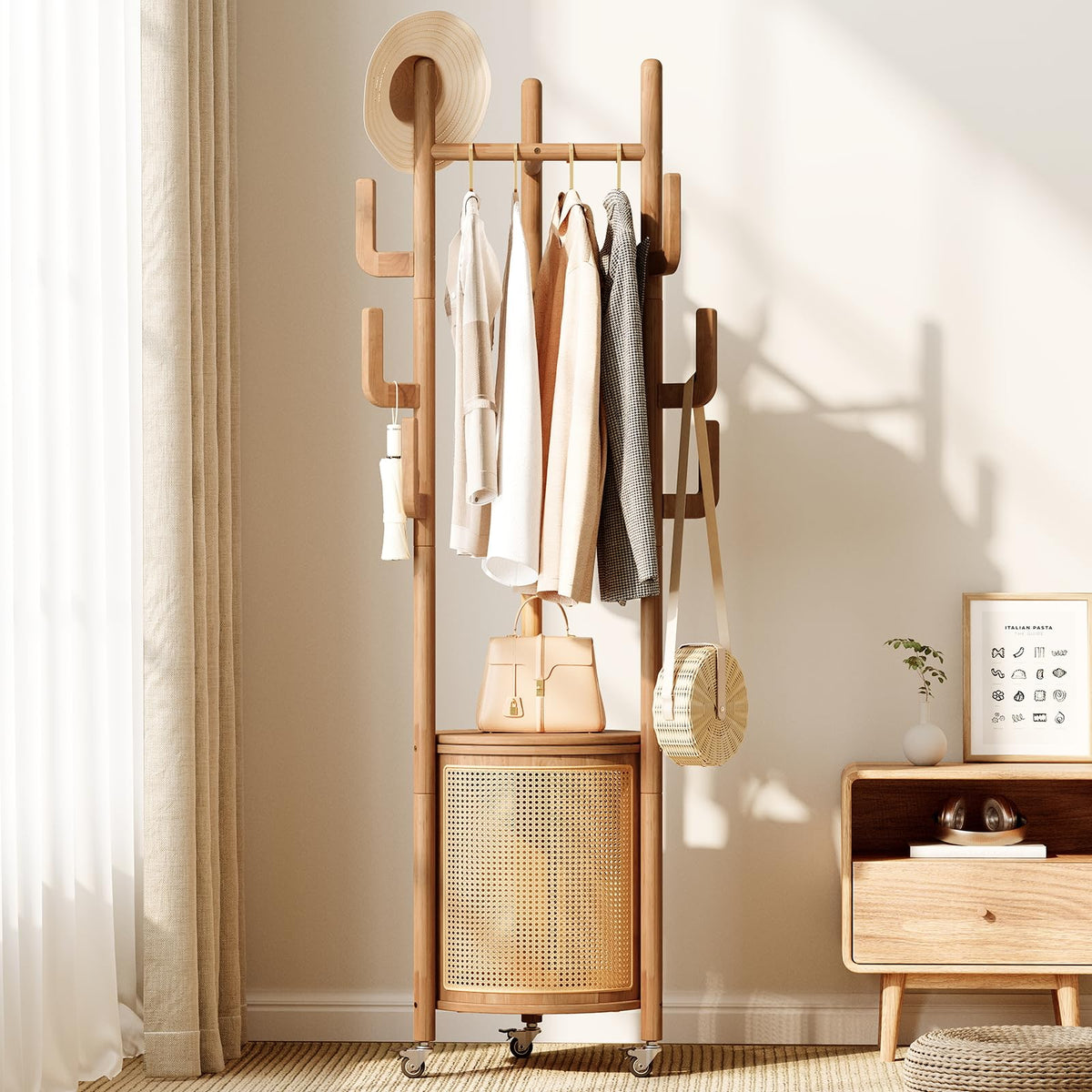 Rolling Rubberwood Coat Rack with Lidded Rattan Basket and 9 Hooks