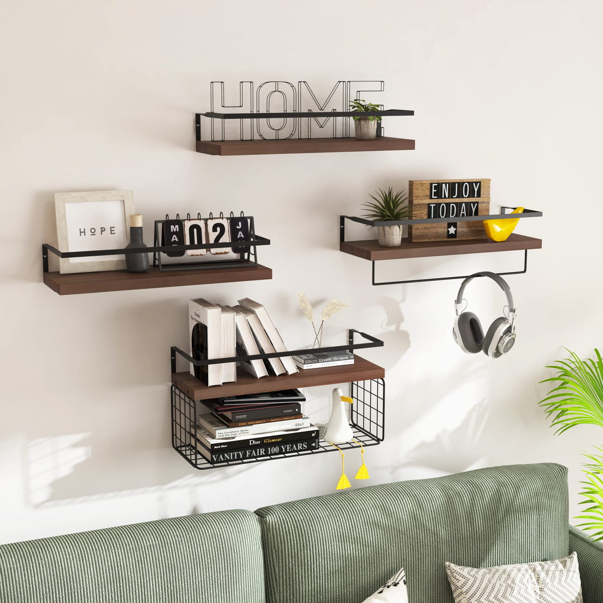 Dark Brown Bathroom Wall Shelf Set of 4 with Wire Basket and Towel Bar