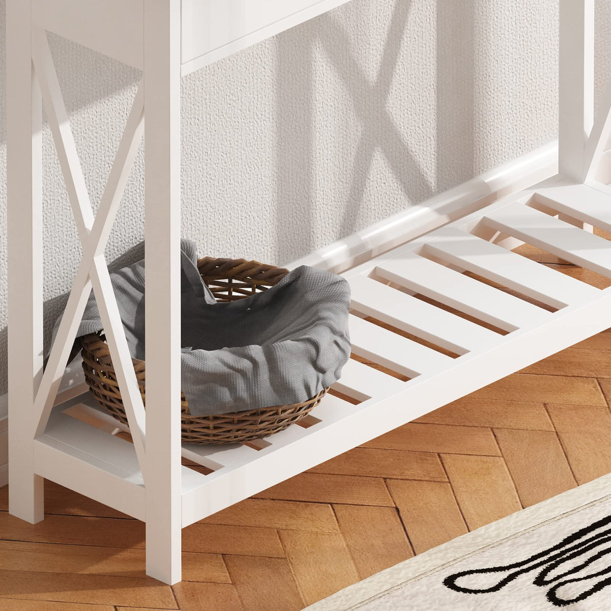 White Console Table with Drawer and Slatted Shelf, X-Frame
