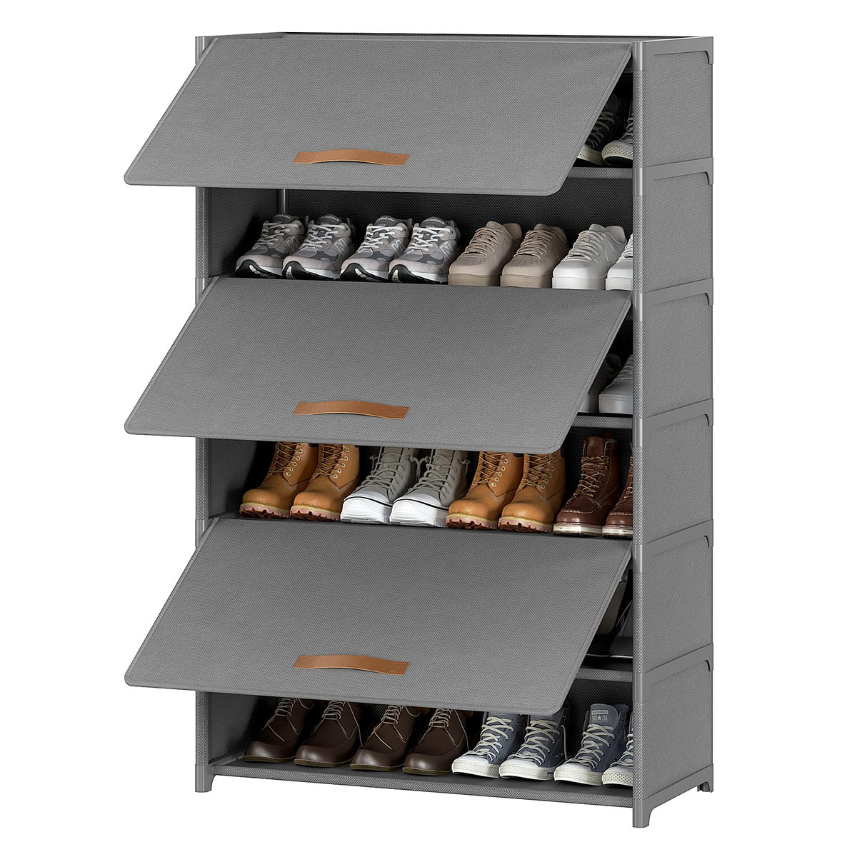 7 Tier Covered Shoe Storage Cabinet, 28 Pair Capacity, Grey Fabric