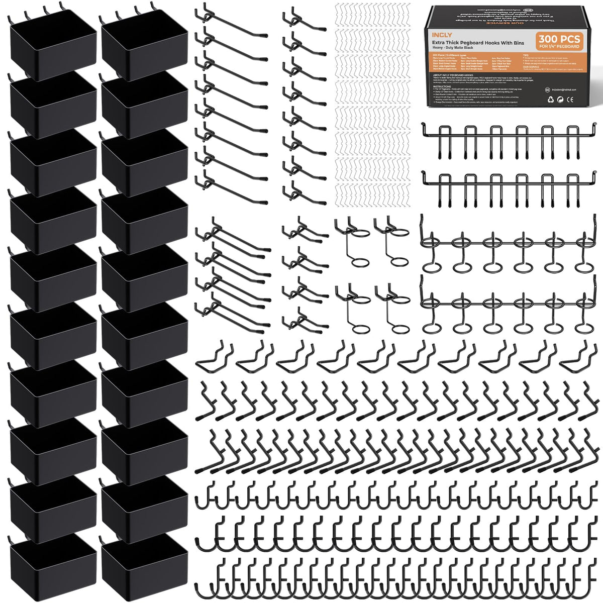 Pegboard Hook Kit, 300 Pieces with 20 Bins, Black Steel