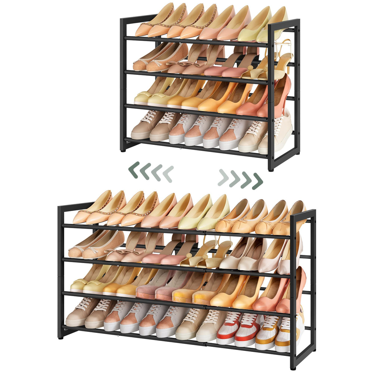 4 Tier Expandable Shoe Rack, 29.3 to 41.5 Inch Wide, Black Metal