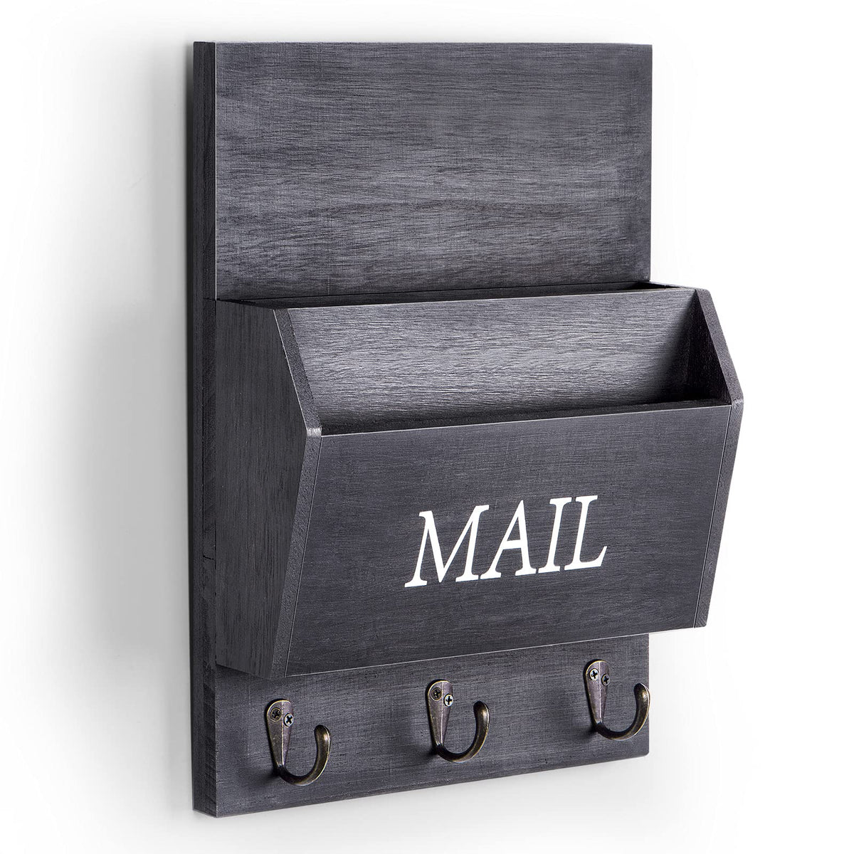 Wood Wall Mail Sorter with 3 Key Hooks, Matte Black, 2 Slots