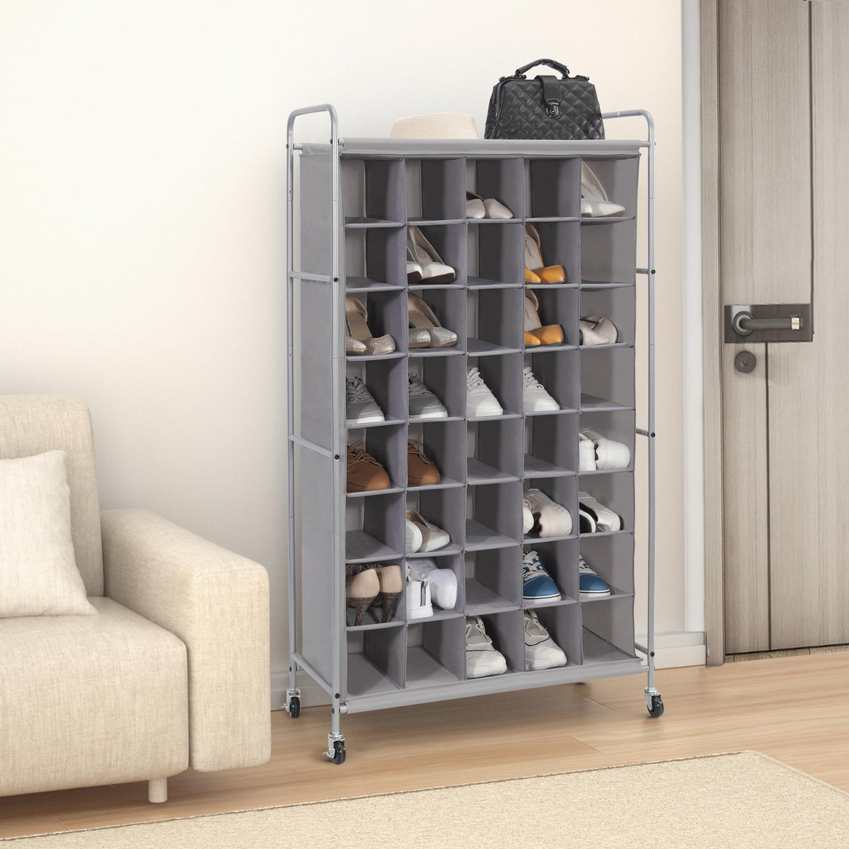 Tall Rolling Shoe Cubby Rack, 40 Cubes, Gray, Lockable Wheels