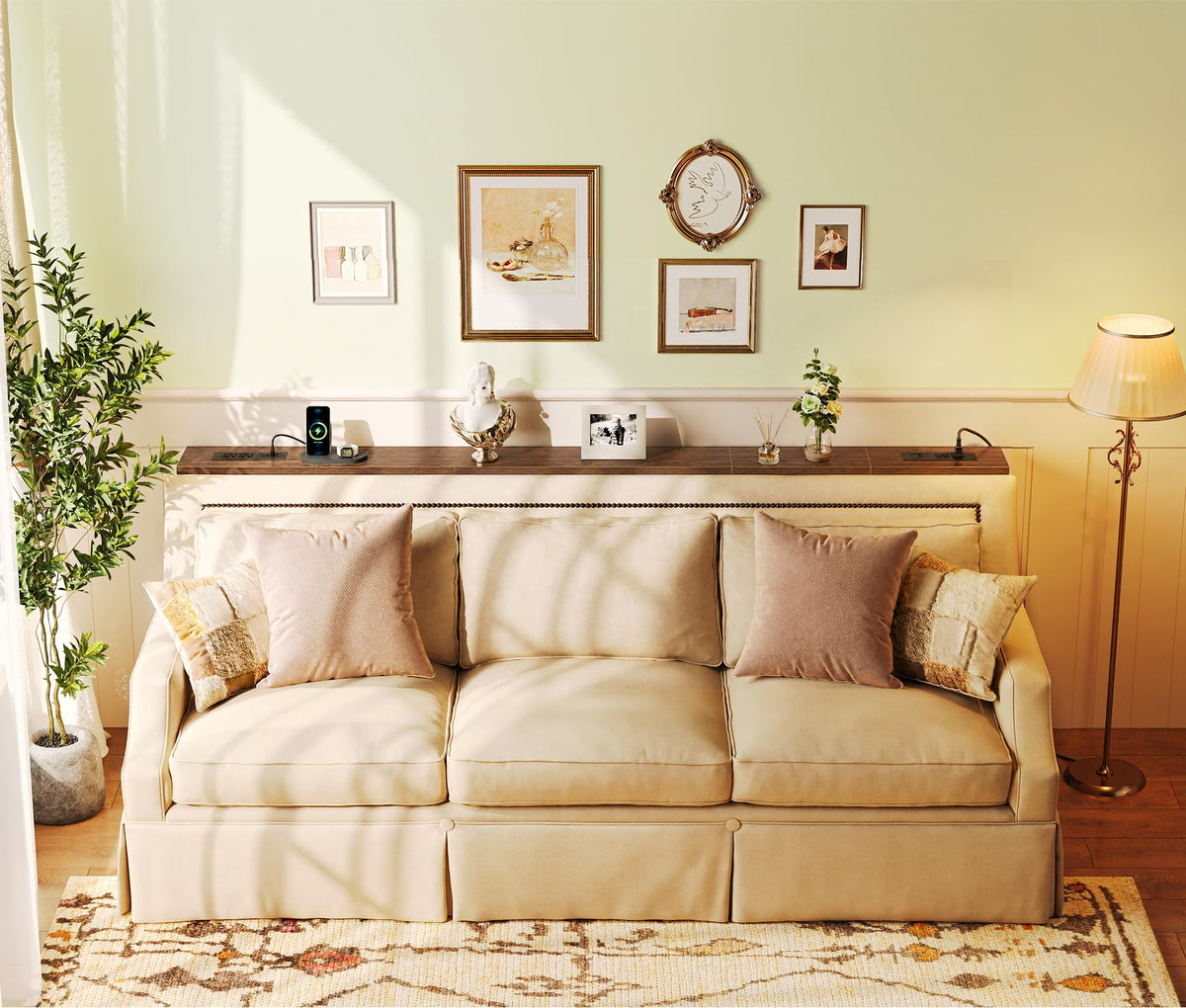 Walnut Skinny Sofa Table, 39.4 Inch with Charging Station