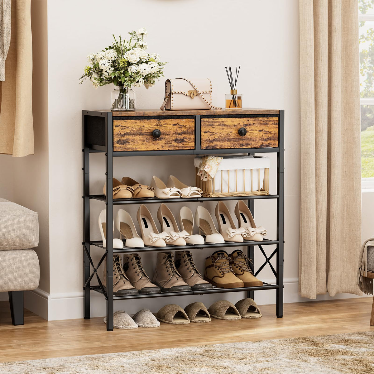 4 Tier Rustic Brown Shoe Rack with 2 Drawers, Holds 12 to 16 Pairs