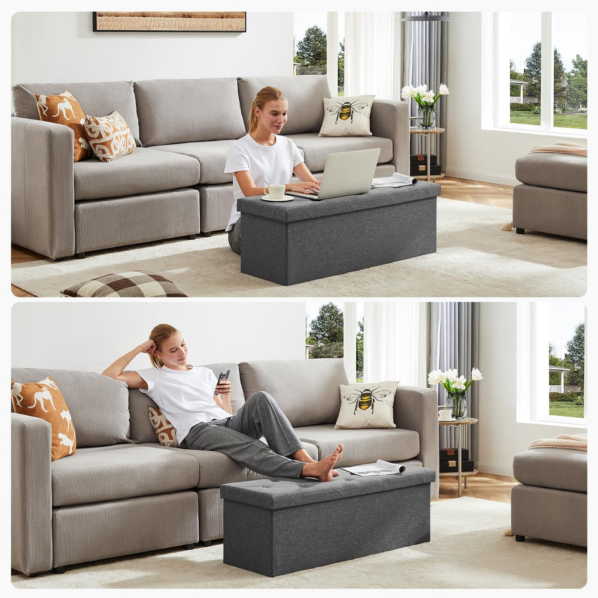 Foldable Storage Ottoman Bench, 43 Inch, 35 Gallon, Charcoal Gray Linen