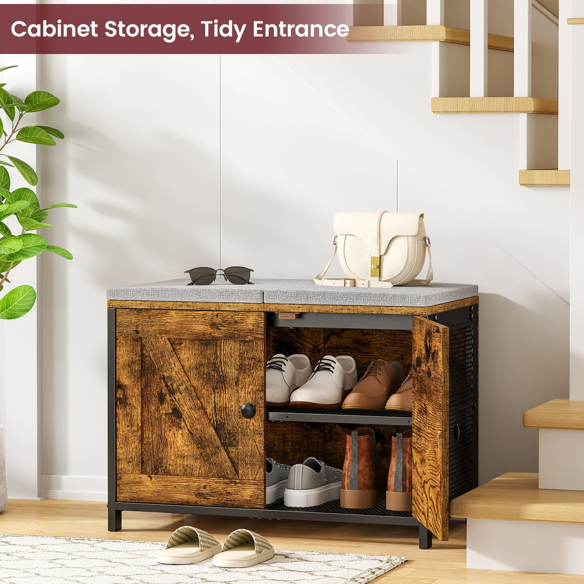 Small Shoe Storage Bench with Doors and Cushion, 23.6 Inch, Rustic Brown