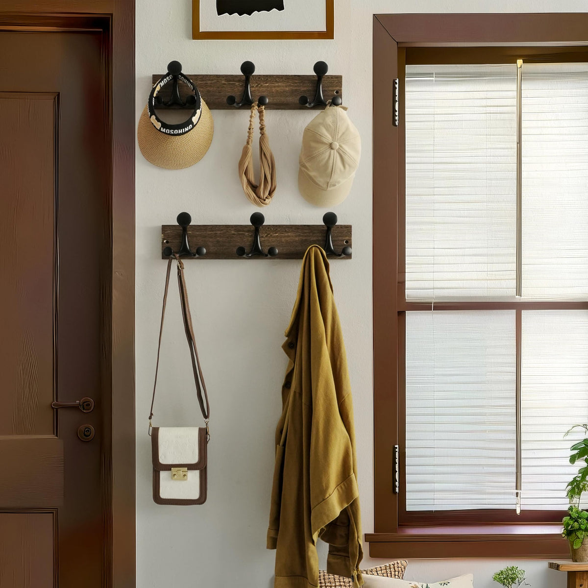 Solid Wood Wall Coat Rack, 17 Inch, 3 Triple Hooks, Weathered Brown