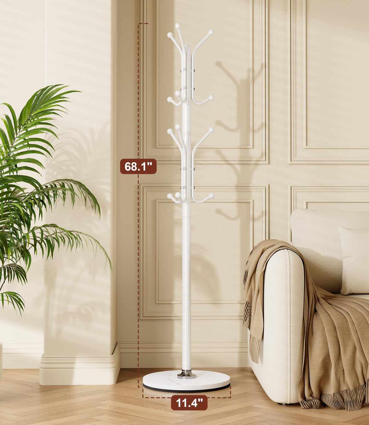 White Coat Stand with Stone Base and 12 Ball End Hooks, 68.1 Inch