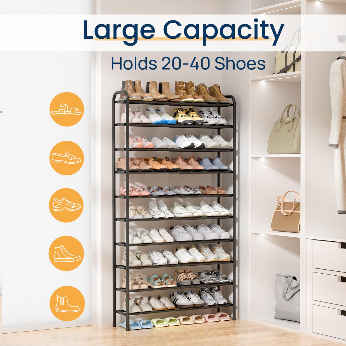 Tall Expandable Shoe Rack, 10 Tier, Up to 40 Pairs, Black Metal