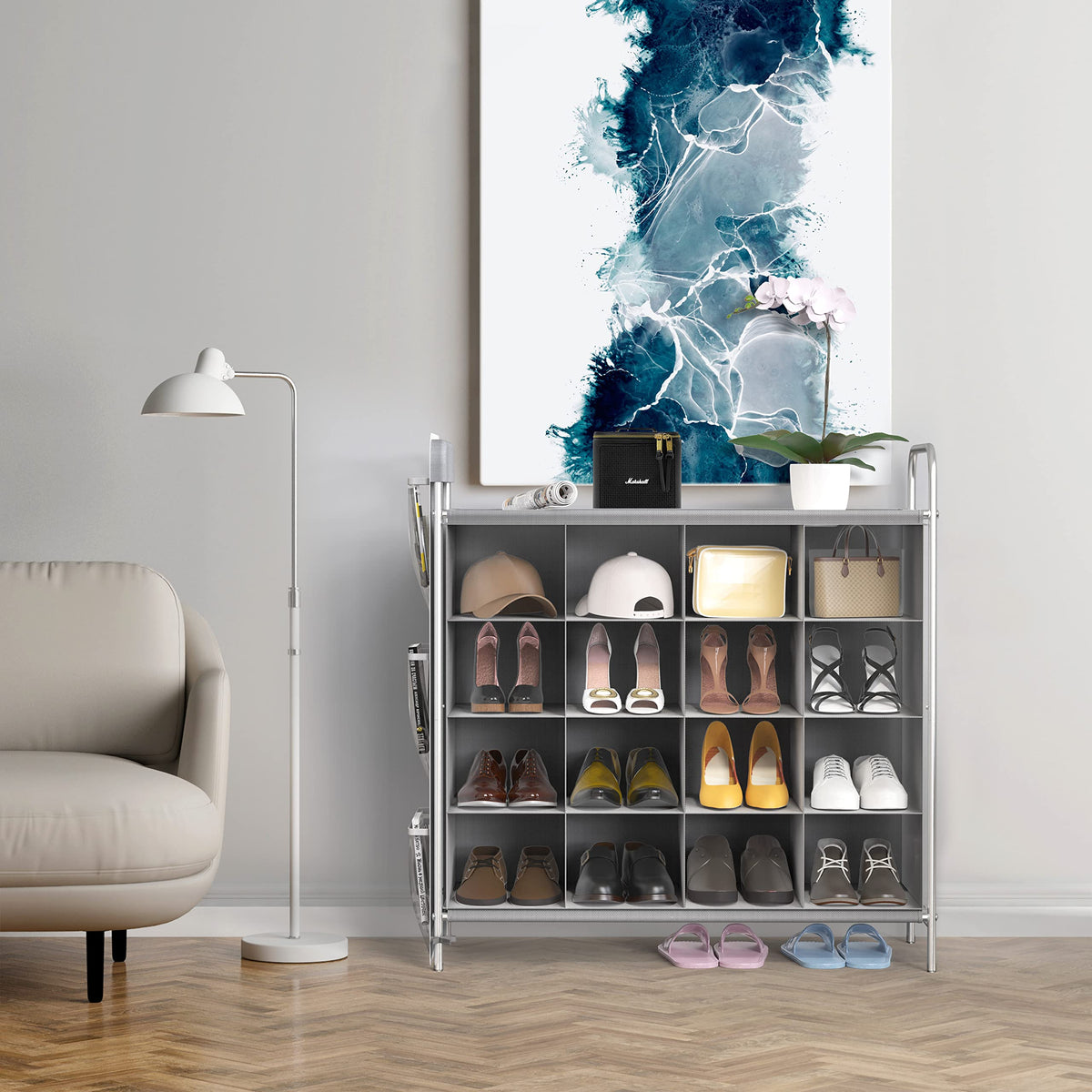 16 Cube Shoe Cubby Rack, 4 Tier, Gray, with Side Pockets
