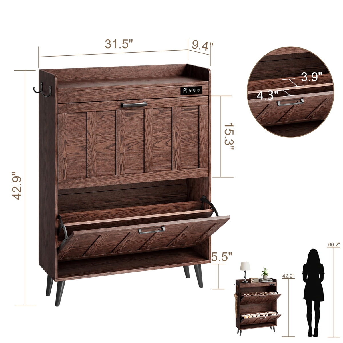 Slim Shoe Cabinet with 2 Flip Drawers and Built In Deodorizer, Walnut