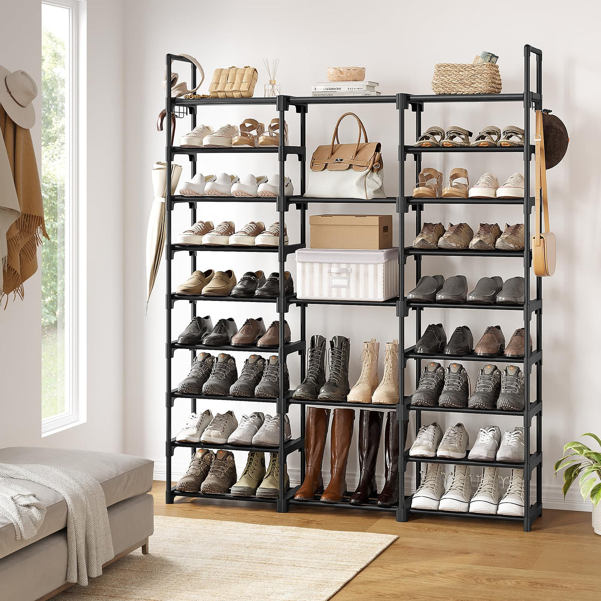 9-Tier 3-Column Shoe Rack for 50-55 Pairs, Large Stackable Shoe Organizer, Black