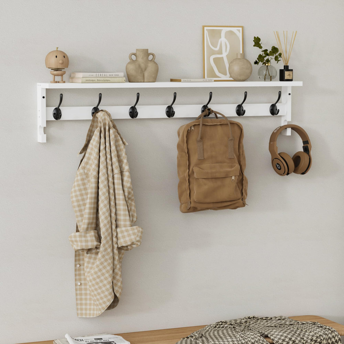 White Wall Coat Rack with Shelf, 35 Inch, 7 Dual Hooks Plus 2 Side