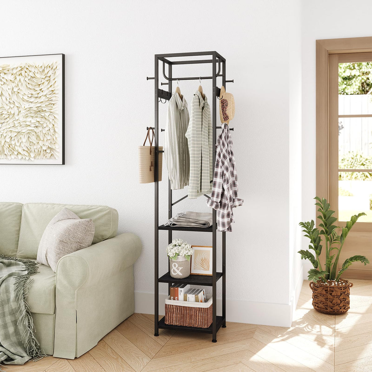 Black Metal Hall Tree, 70.9 Inch, Shelves, Rod and 12 Coat Hooks