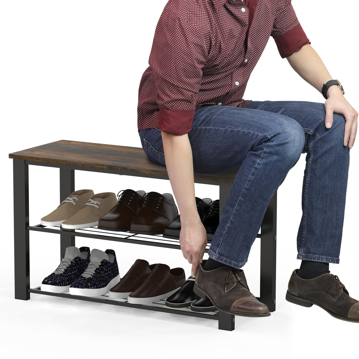 Shoe Rack Bench with Wooden Top for Entryway, Shoe Storage Seat, Rustic Brown