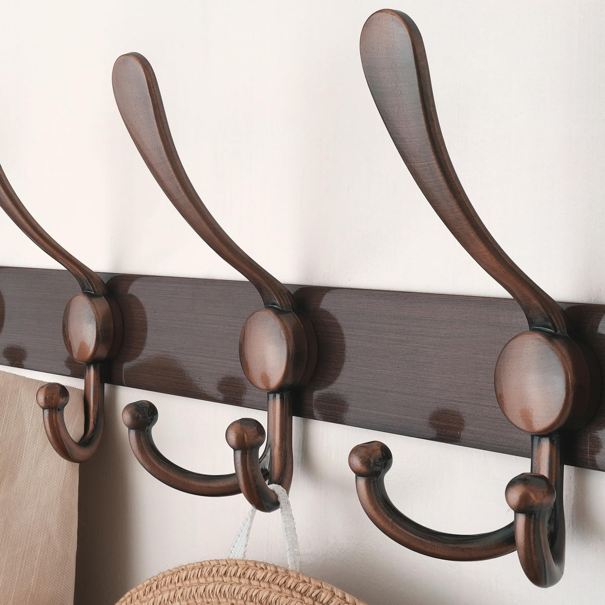 Antique Copper Coat Hook Rail, 16 Inch, 5 Tri Hooks