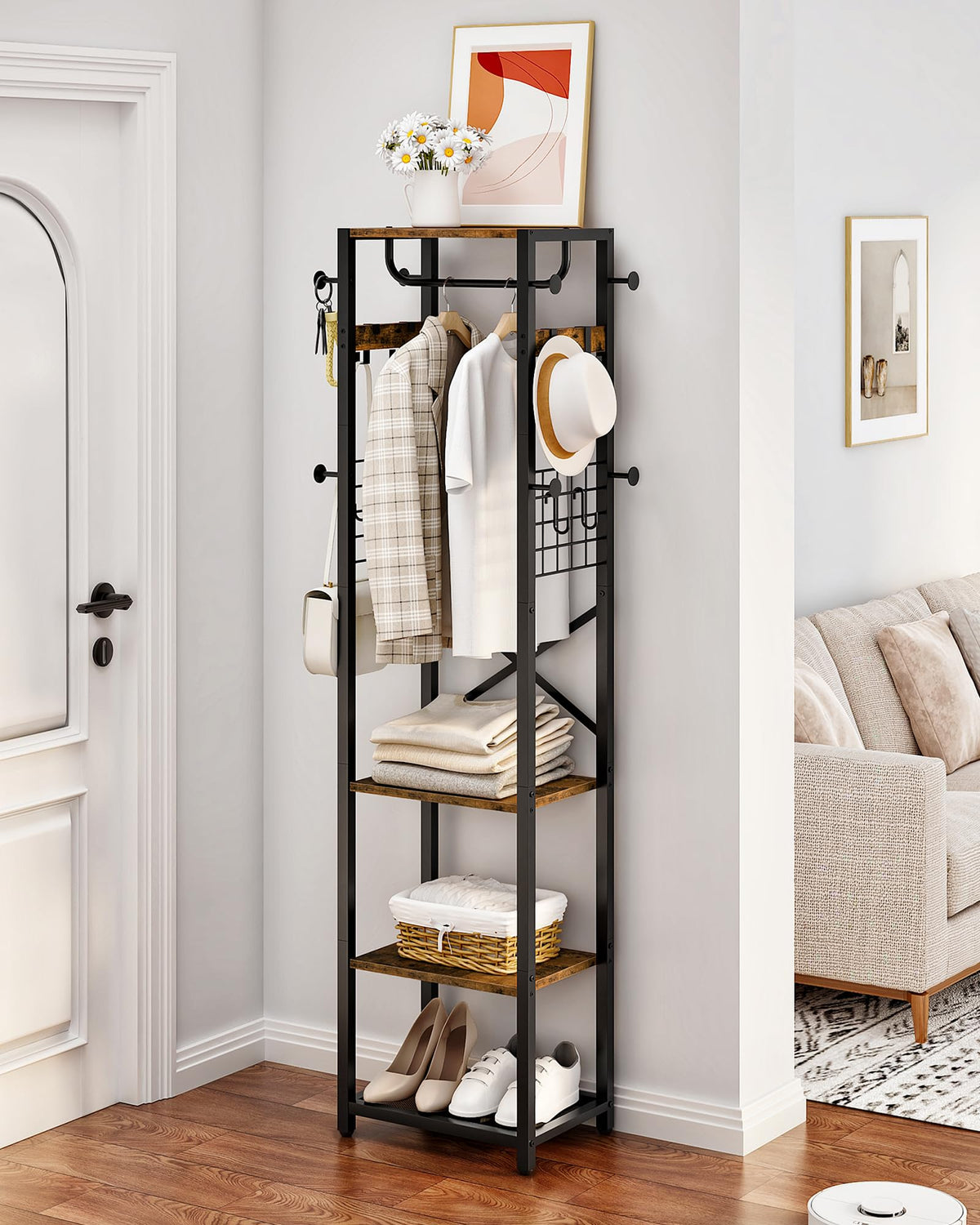 Industrial Hall Tree with 16 Hooks, Shelves and Hanging Rail, Rustic Brown