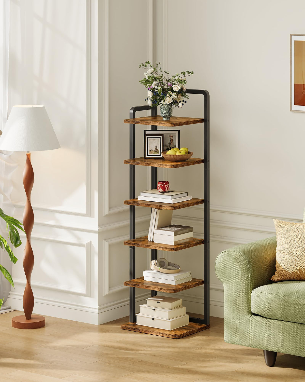 6 Tier Narrow Shoe Tower, Rustic Brown and Black Corner Rack