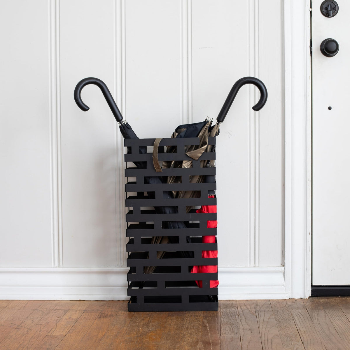 Black Iron Umbrella Stand with Removable Tray, Striped Design