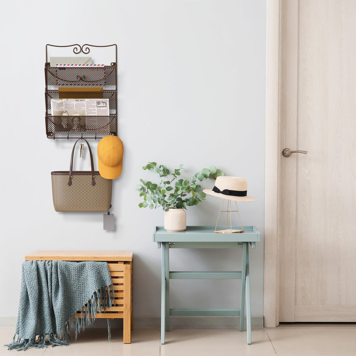 Bronze Wall Mail Sorter with 5 Key Hooks, 3 Slot Metal Organizer