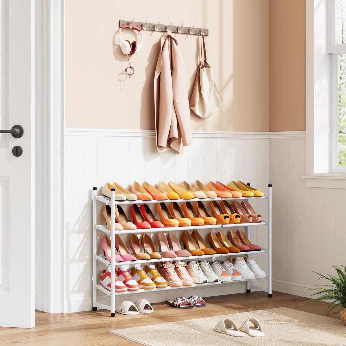 White Adjustable Shoe Shelf, 4 Tier Metal, 29.1 to 41.5 Inch Wide