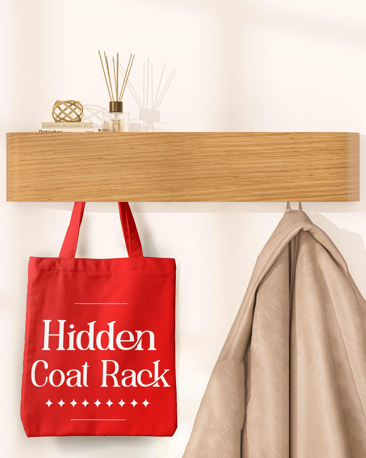 Wooden Wall Coat Rack with Shelf and 6 Hooks, 17.3 Inch, Beige