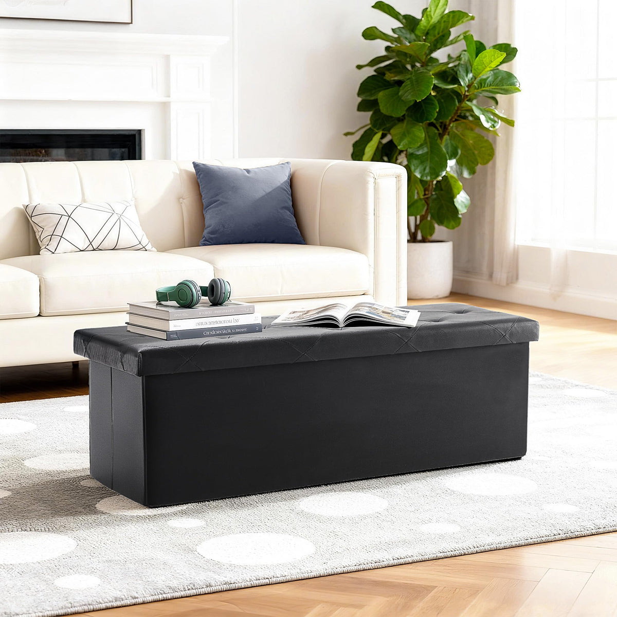 Black Faux Leather Storage Ottoman Bench, 43 Inch, Folds Flat