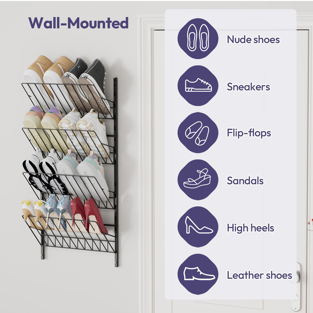 Adjustable Over the Door Shoe Rack, 4 Tier Black Metal Organizer