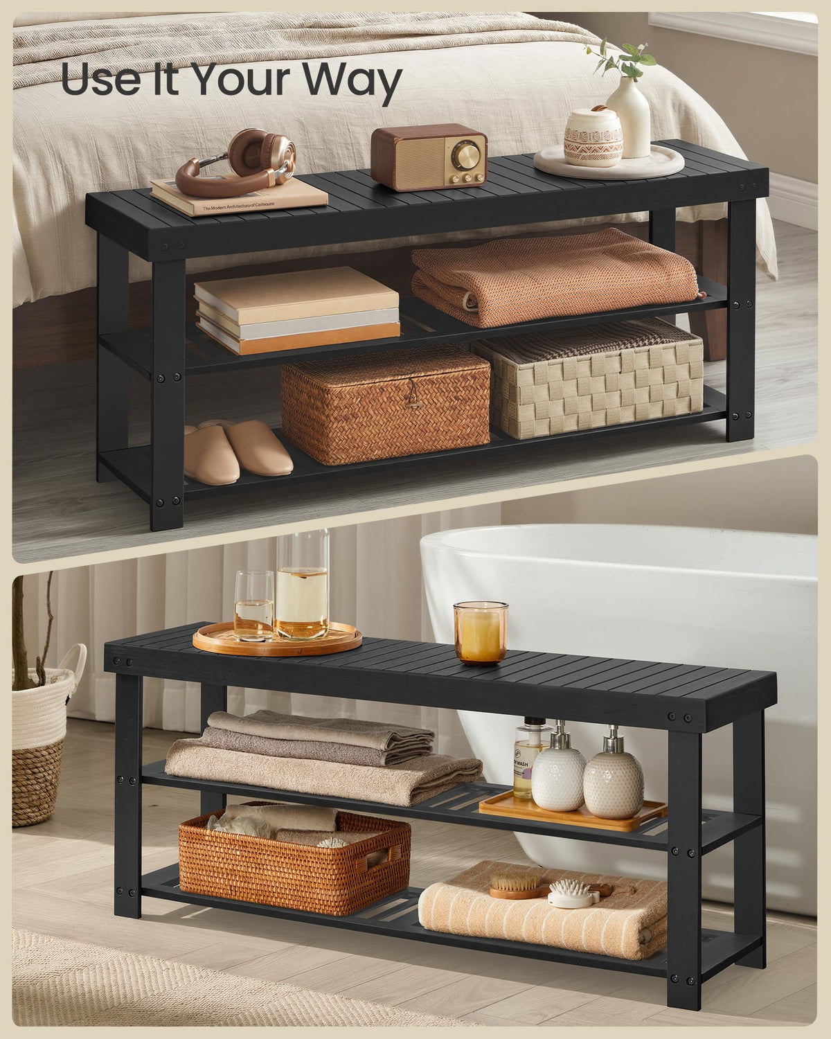 Black Bamboo Entryway Bench with Shoe Shelves, 3 Tier, 42.9 Inch