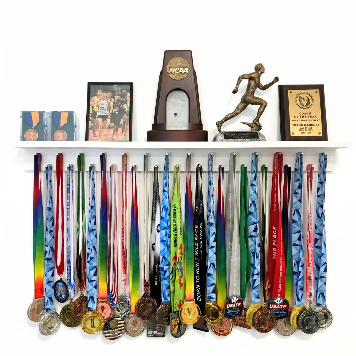 Wall Medal Display Shelf with 27 Pegs, 36 Inch Solid Wood, White