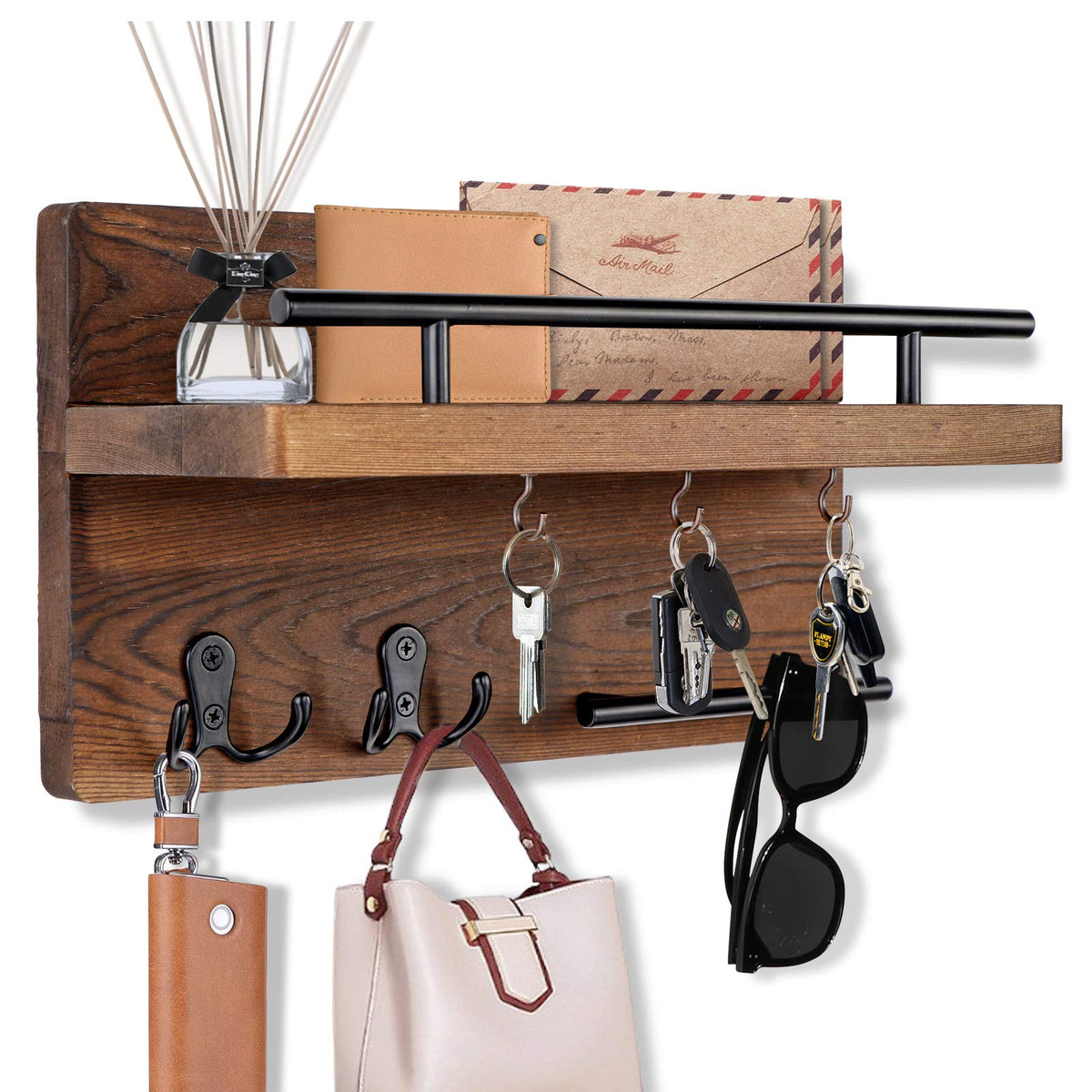 Rustic Key Rack with 5 Hooks and Mail Shelf, Pine Wood and Metal, Brown