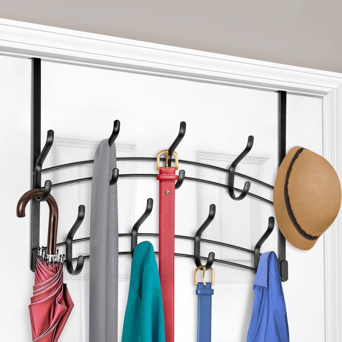 18 Hook Over the Door Rack, 2 Staggered Rows, Black Steel