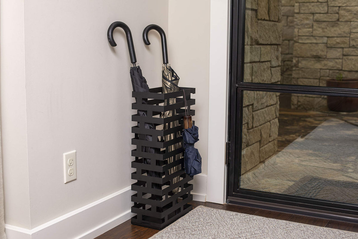 Black Iron Umbrella Stand with Removable Tray, Striped Design