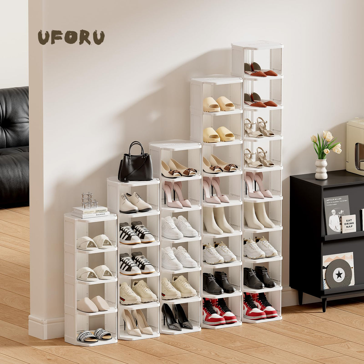 6 Tier Narrow Plastic Shoe Rack, White Vertical Shoe Organizer