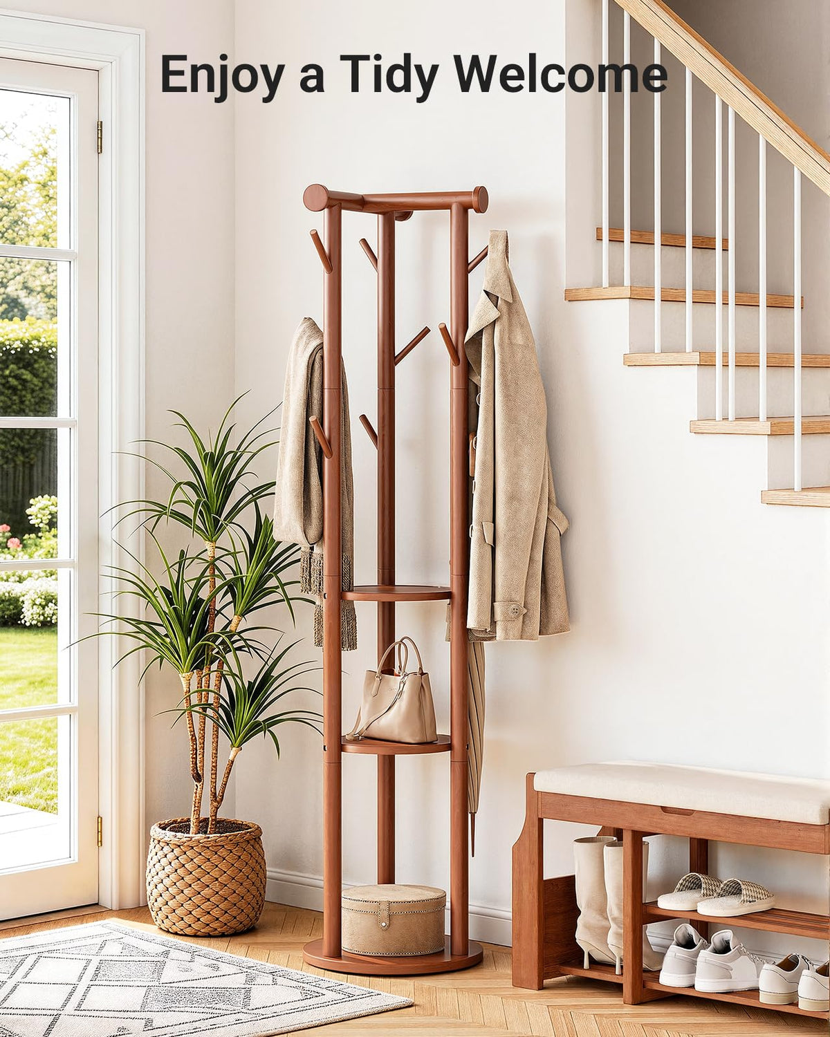 Rolling Pine Coat Rack with 9 Hooks, 3 Shelves and Top Bar, Walnut