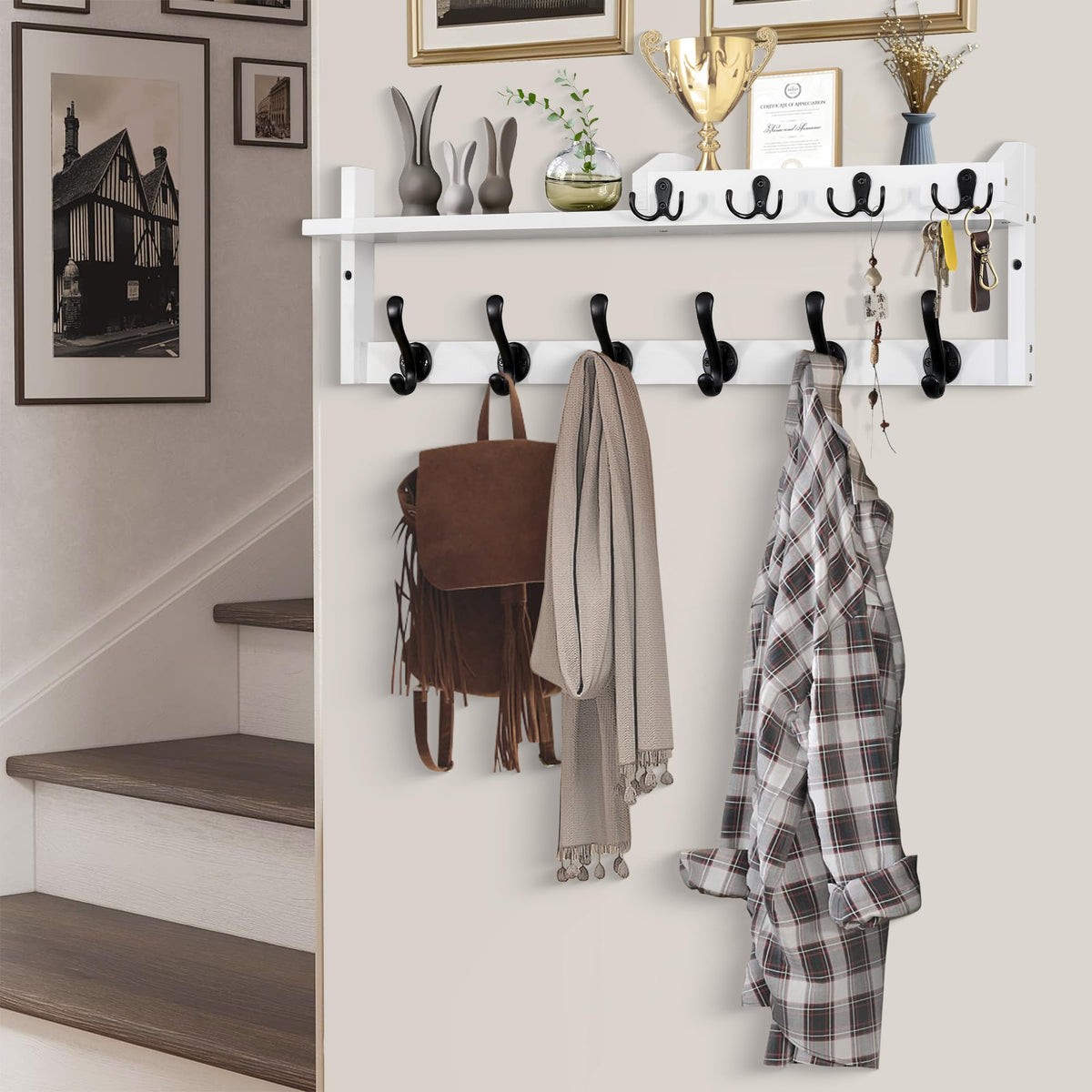 White Wall Coat Rack with Shelf and Mail Holder, 27.5 Inch