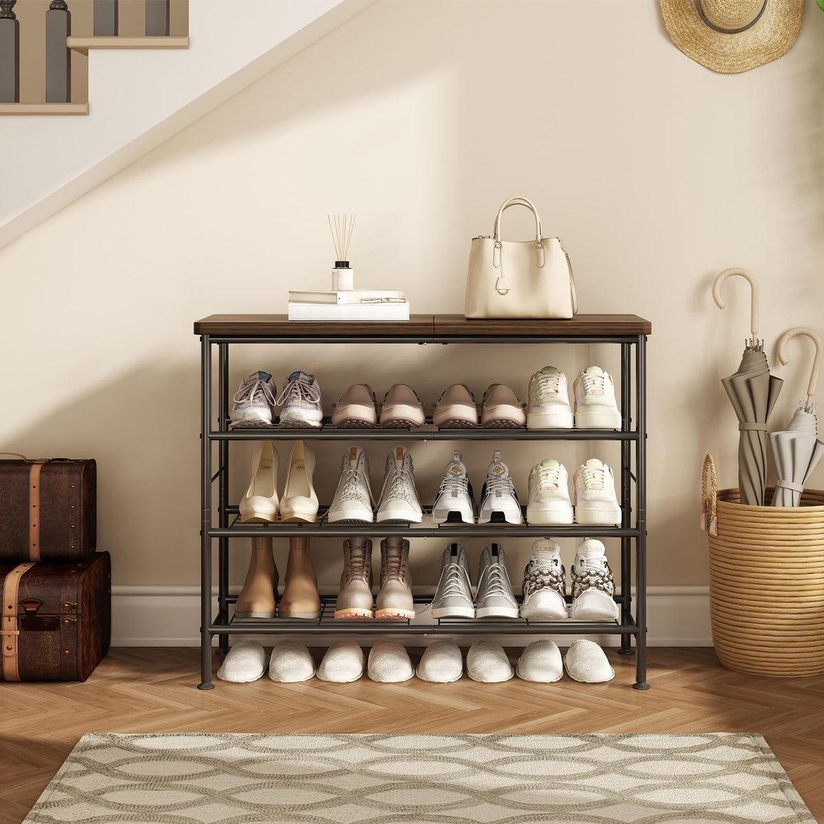 4 Tier Industrial Shoe Rack, 31.5 Inch, Black and Rustic Brown
