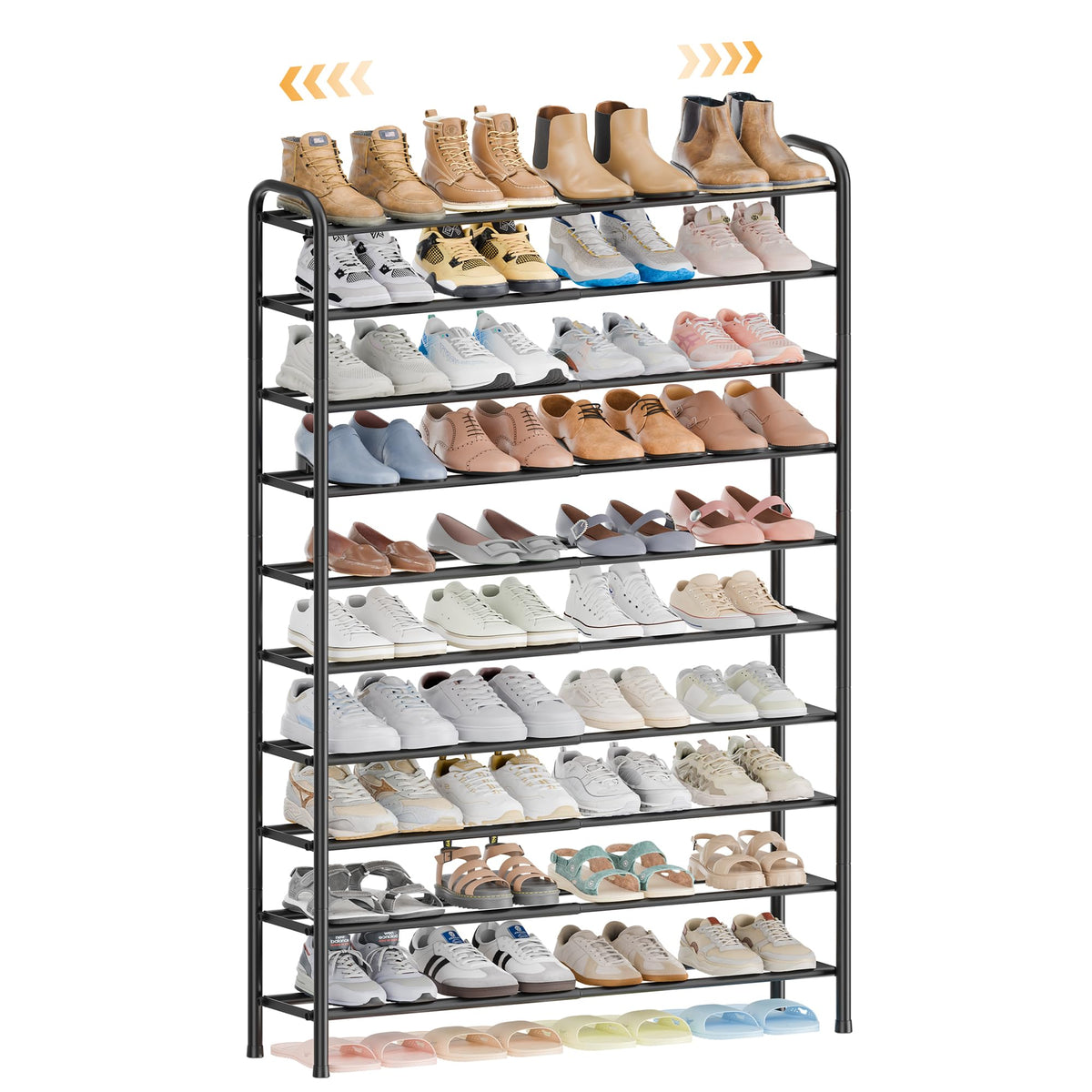 Tall Expandable Shoe Rack, 10 Tier, Up to 40 Pairs, Black Metal